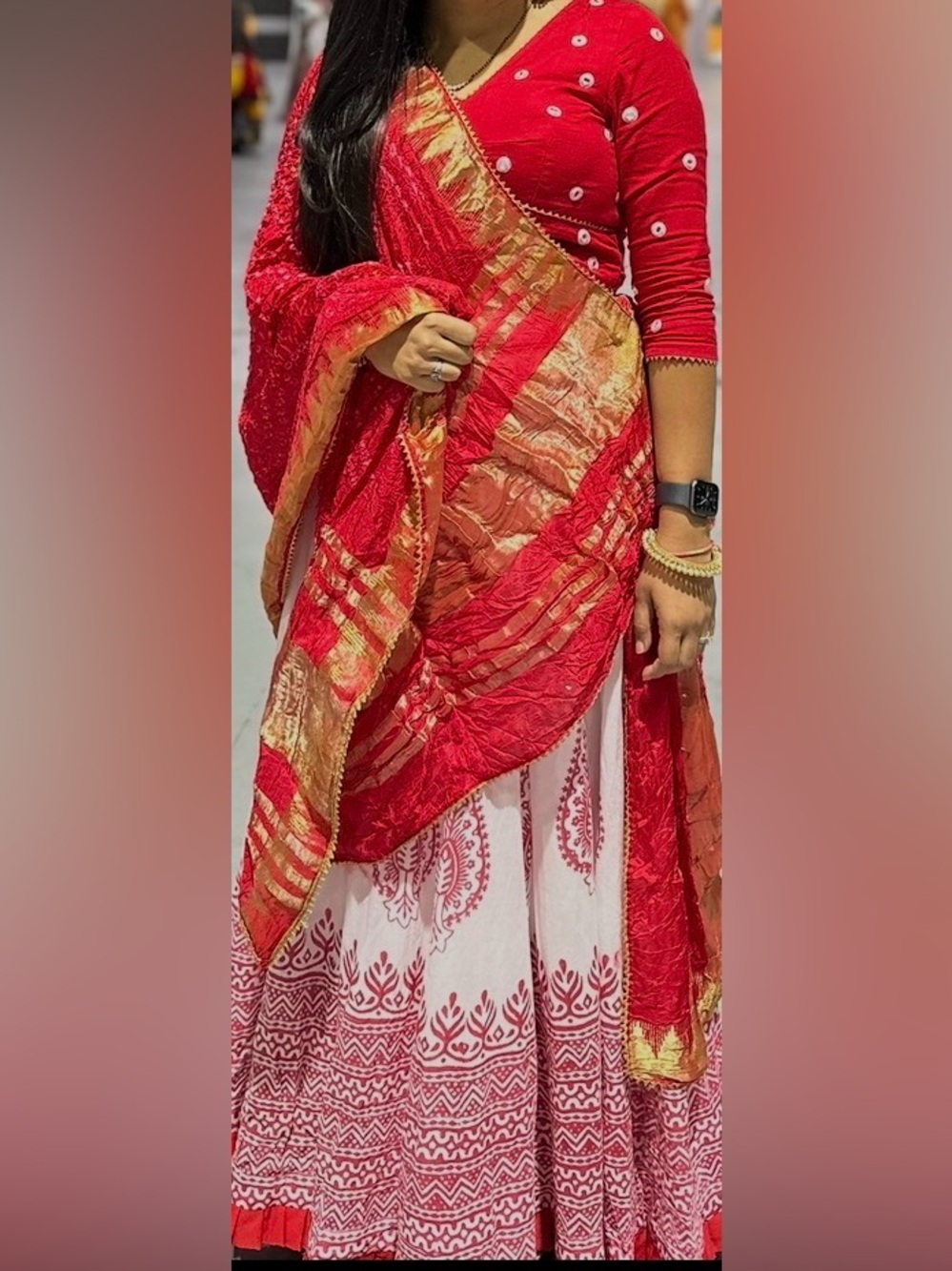 Red & white Lehenga Set with Printed Skirt